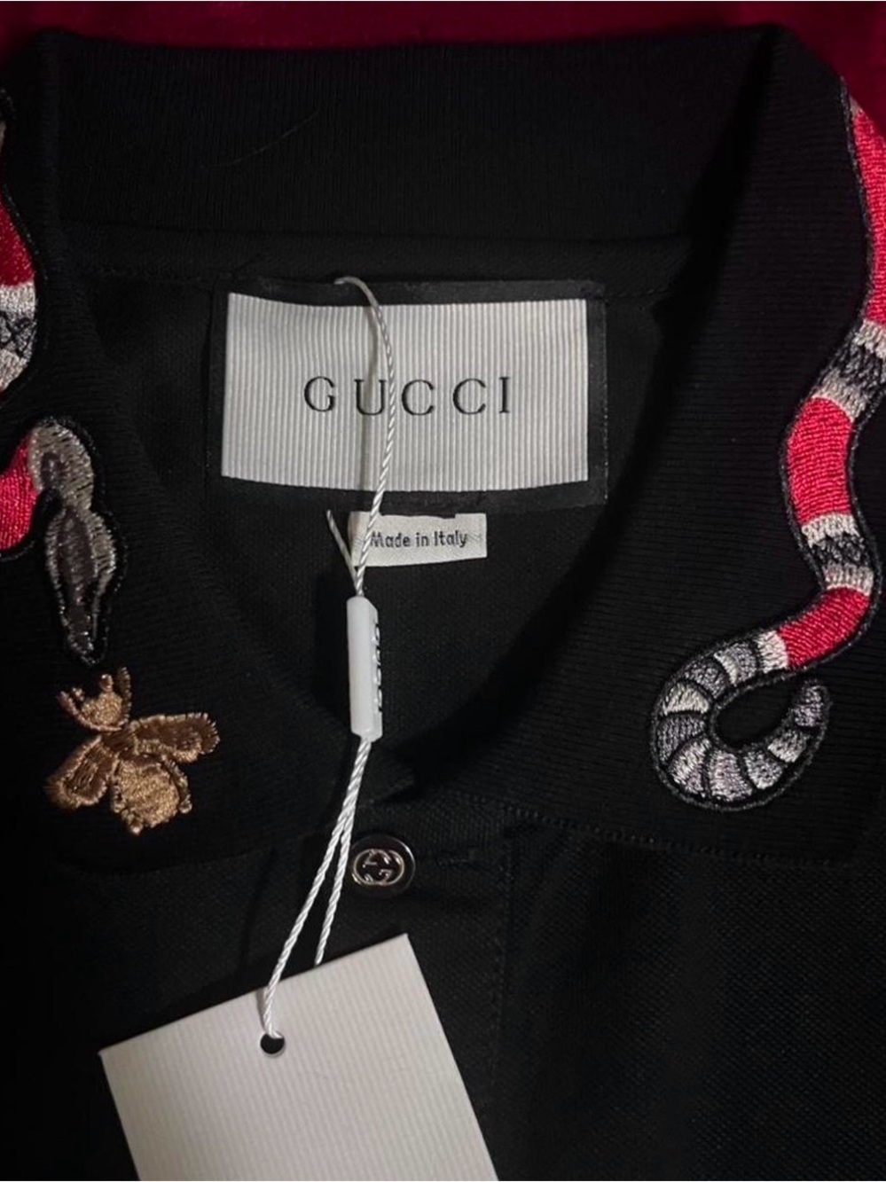 Gucci Black Jean Jacket with Red & White Embroidered Snake Detail